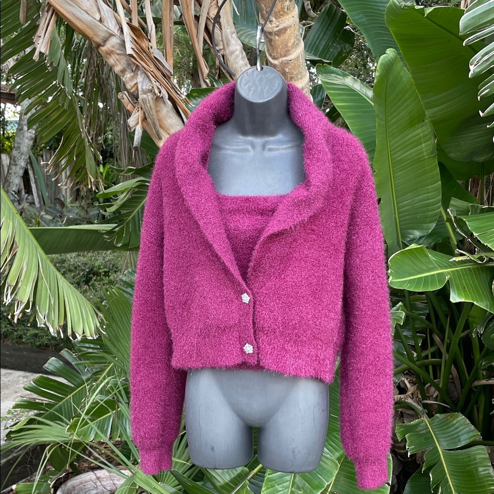 shawl collar fuzzy sweater, matching tank with rhinestone button